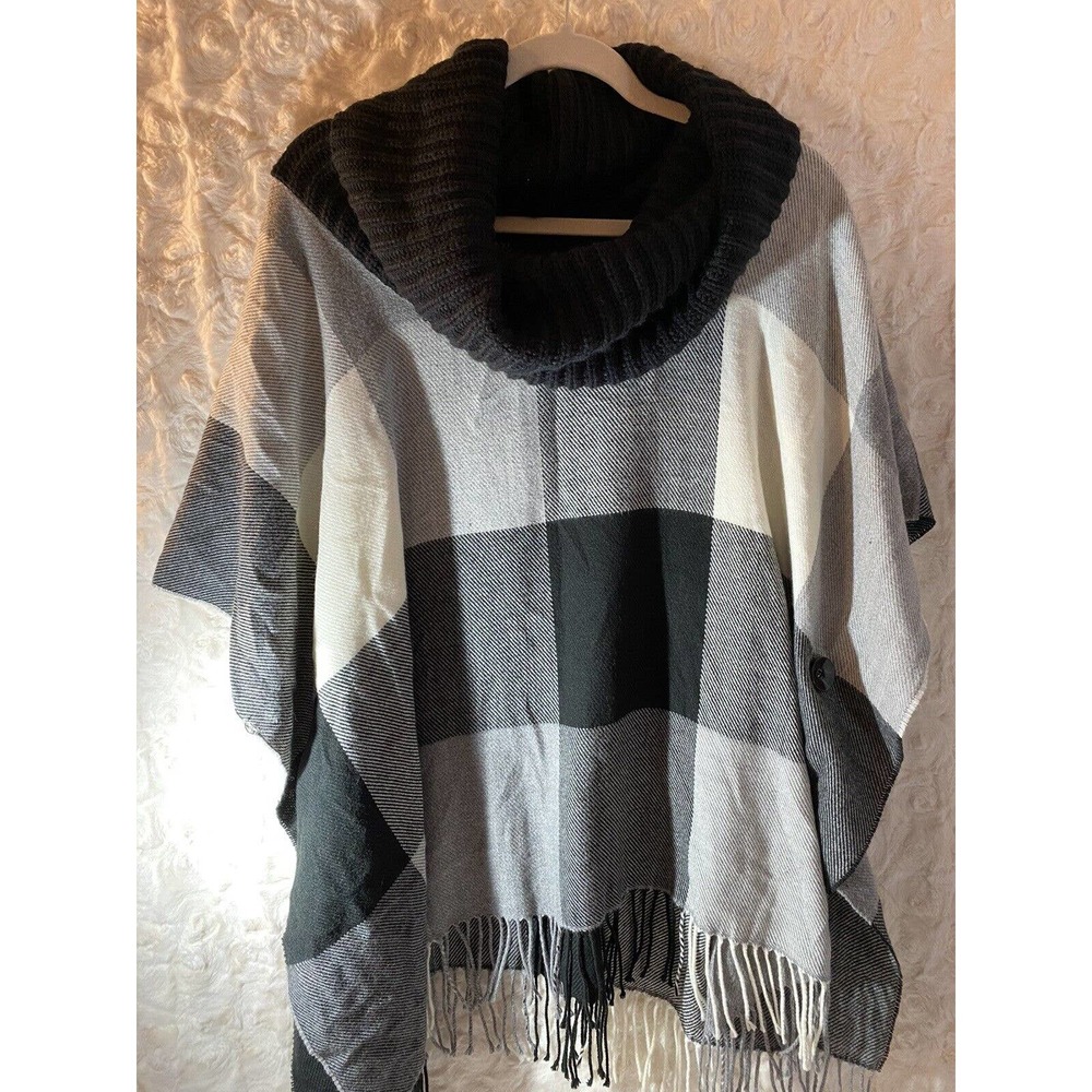 V Frass cowl neck black and white tassled poncho shawl buttons to make sleeves